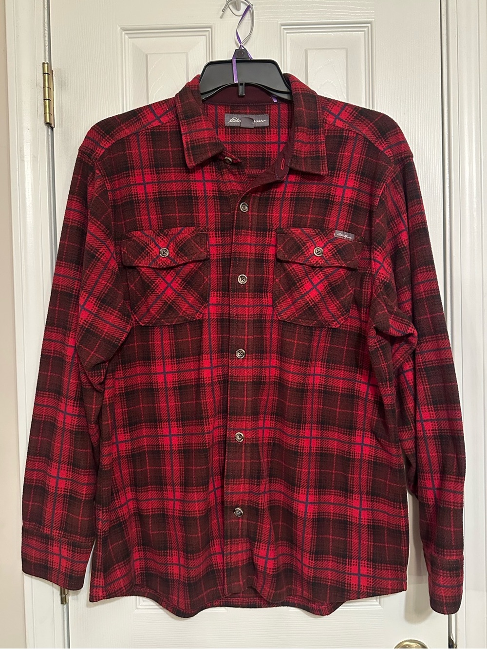 Eddie Bauer Red and Black Plaid Button-Down Flannel Shirt Mens Sz Lg